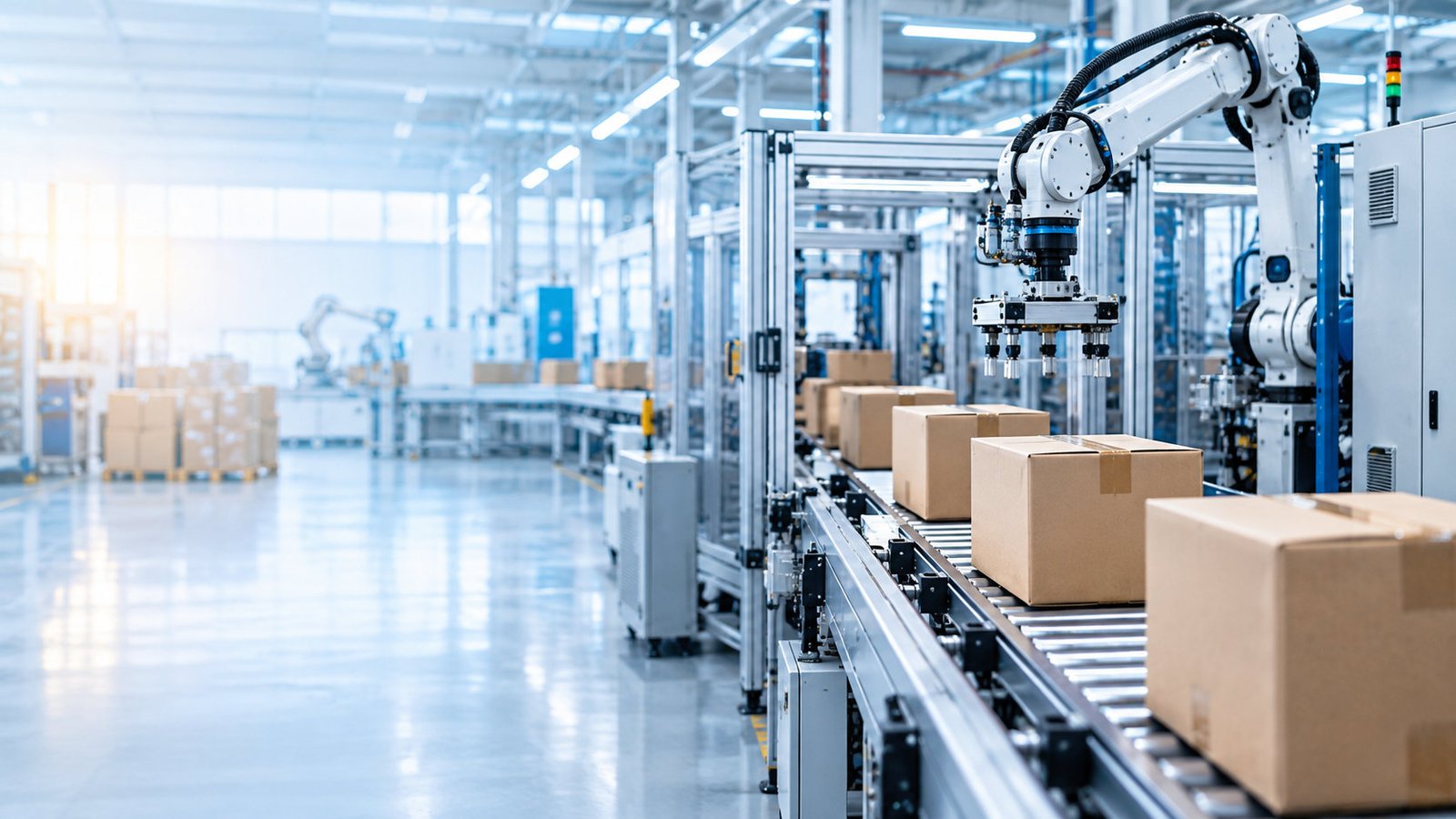 Industrial automation production line with robotic equipment and conveyor systems