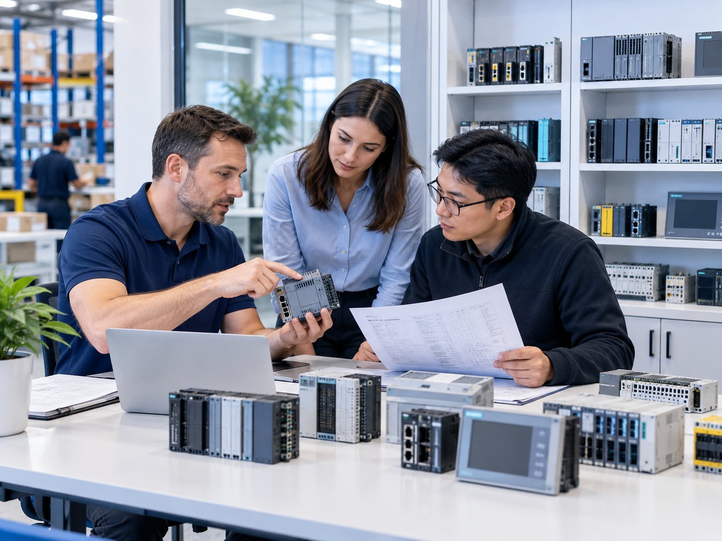 Industrial automation sourcing team reviewing control hardware and technical documentation