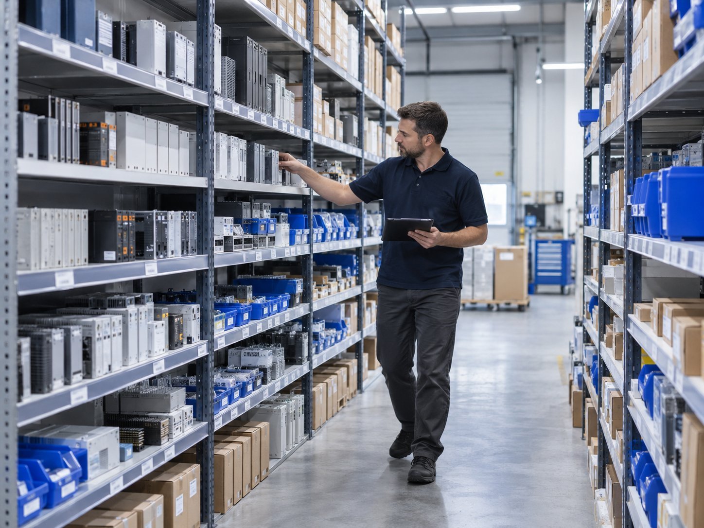Industrial automation spare parts inventory check in a warehouse aisle