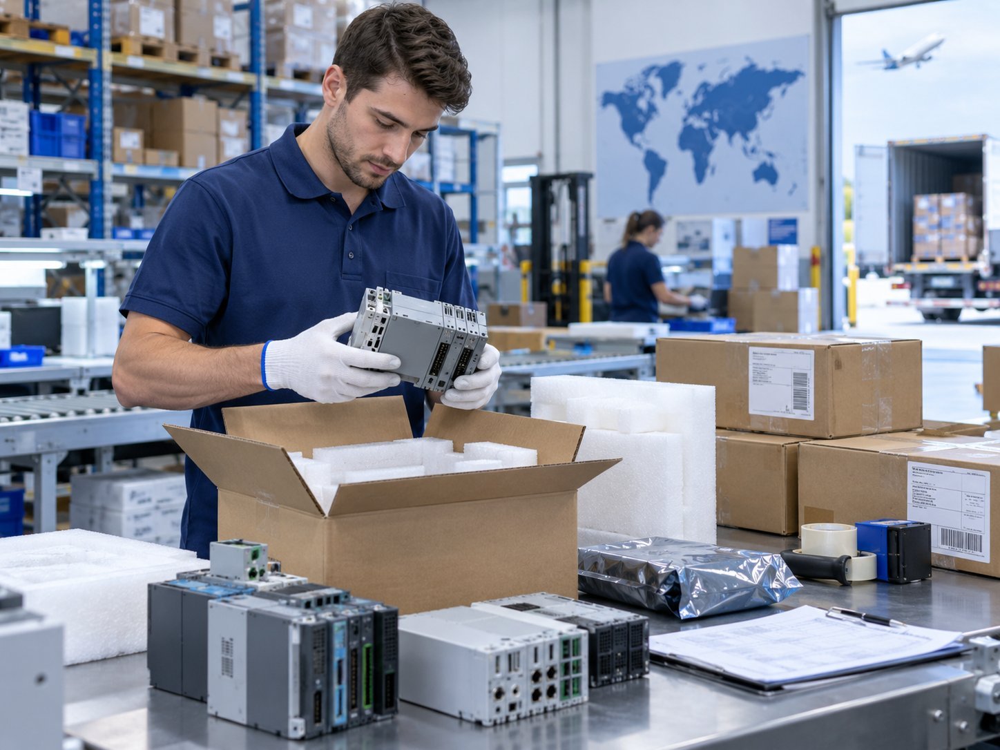 Industrial automation spare parts packing and inspection before international shipment