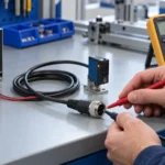 Technician checking a generic 24 VDC M12 sensor connection at an industrial workbench