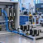 Generic multi-axis EtherCAT stepper motion test bench beside an industrial control cabinet